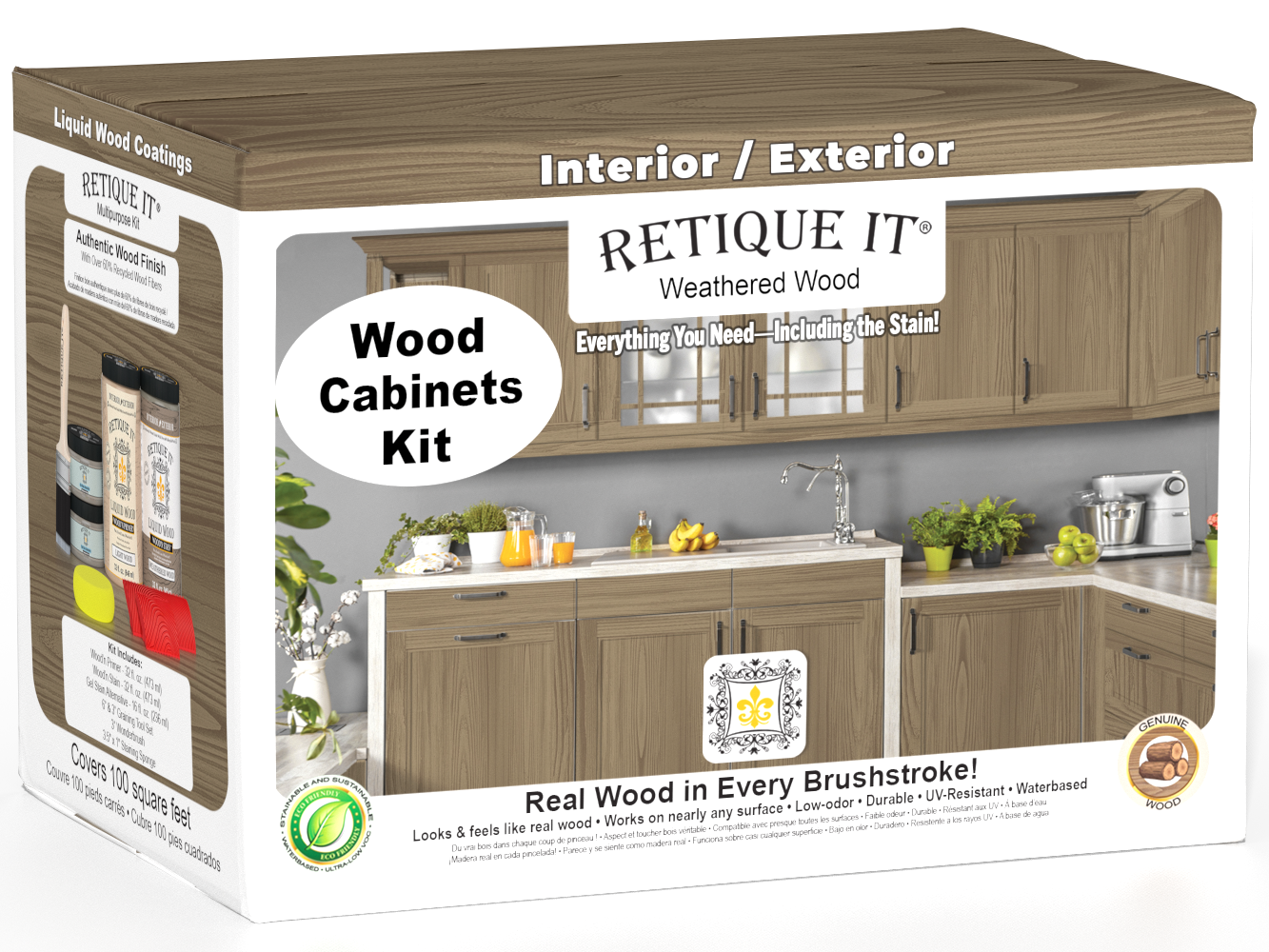 Retique It® Wood'n Cabinet Kit with 12 weathered wood grain stain doors for kitchen or bathroom cabinets.