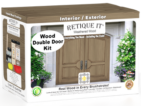 Double weathered wood front door kit with Retique It® wood stain, showcasing the finished stained surface and door design.