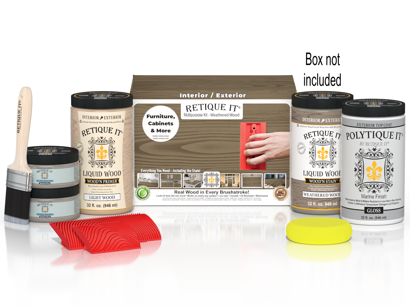 Large Weathered Wood Multi-purpose Wood'n Kit by Retique It® with exterior top coat and wood finish, shown in a box with weathered wood color.