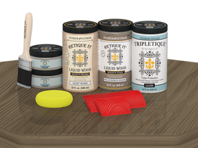 Retique It® weathered wood countertop kit with gloss stain applied on a full kitchen surface, showcasing a rustic, weathered wood finish.