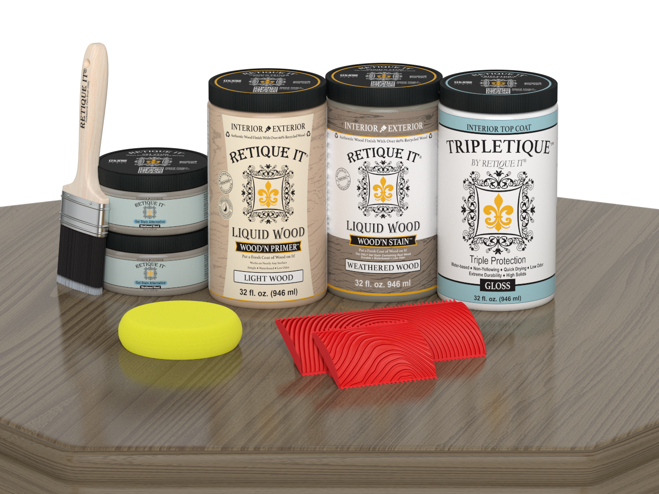 Glossy Weathered Wood finish kit by Retique It® for large interior projects, includes wood top coat for multi-purpose wood finishing.