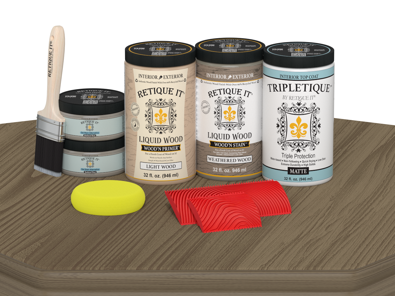 Retique It® Wood'n Kit Large Weathered Wood interior top coat kit with matte finish, featuring weathered wood texture and application tools.