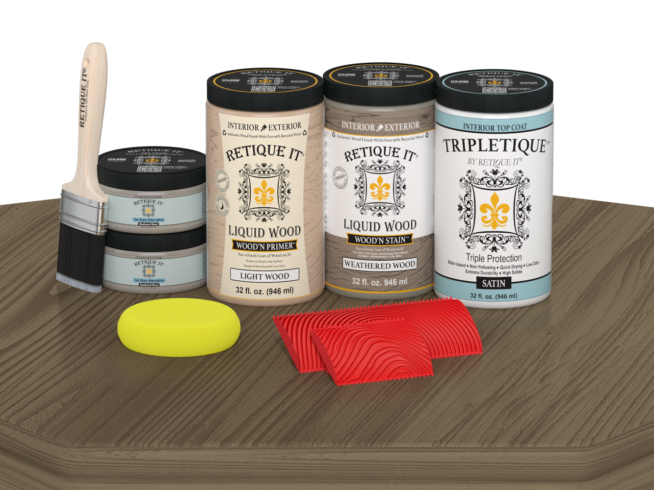 Retique It® Wood'n Cabinet Kit with weathered wood stain, 12 grained cabinet doors on a satin finish surface.