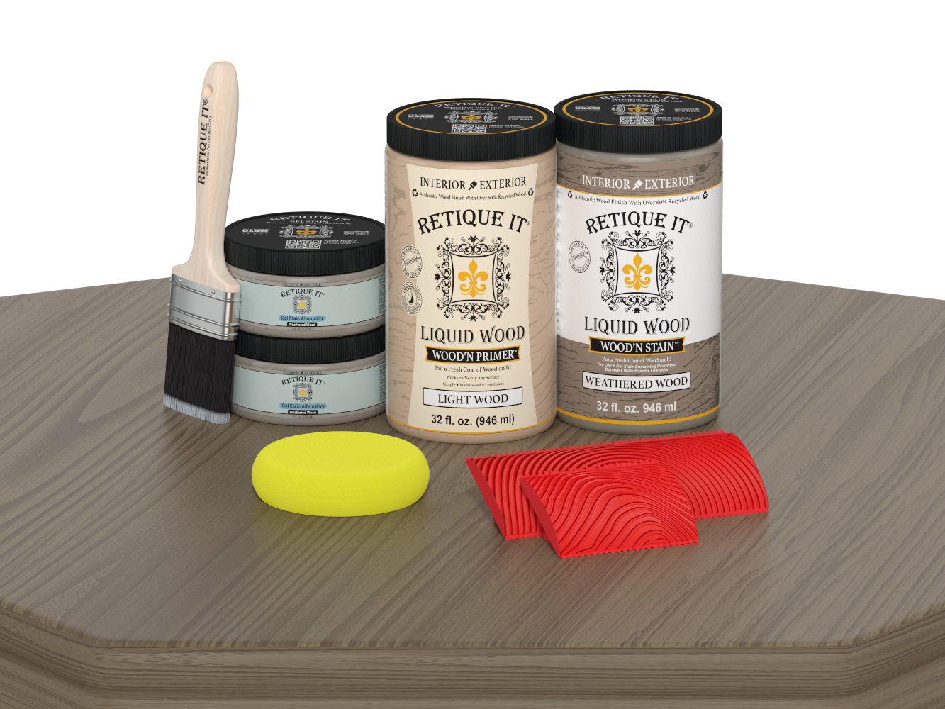 Large Weathered Wood Wood'n Finish Kit by Retique It®, featuring tools and materials for wood finishing projects.