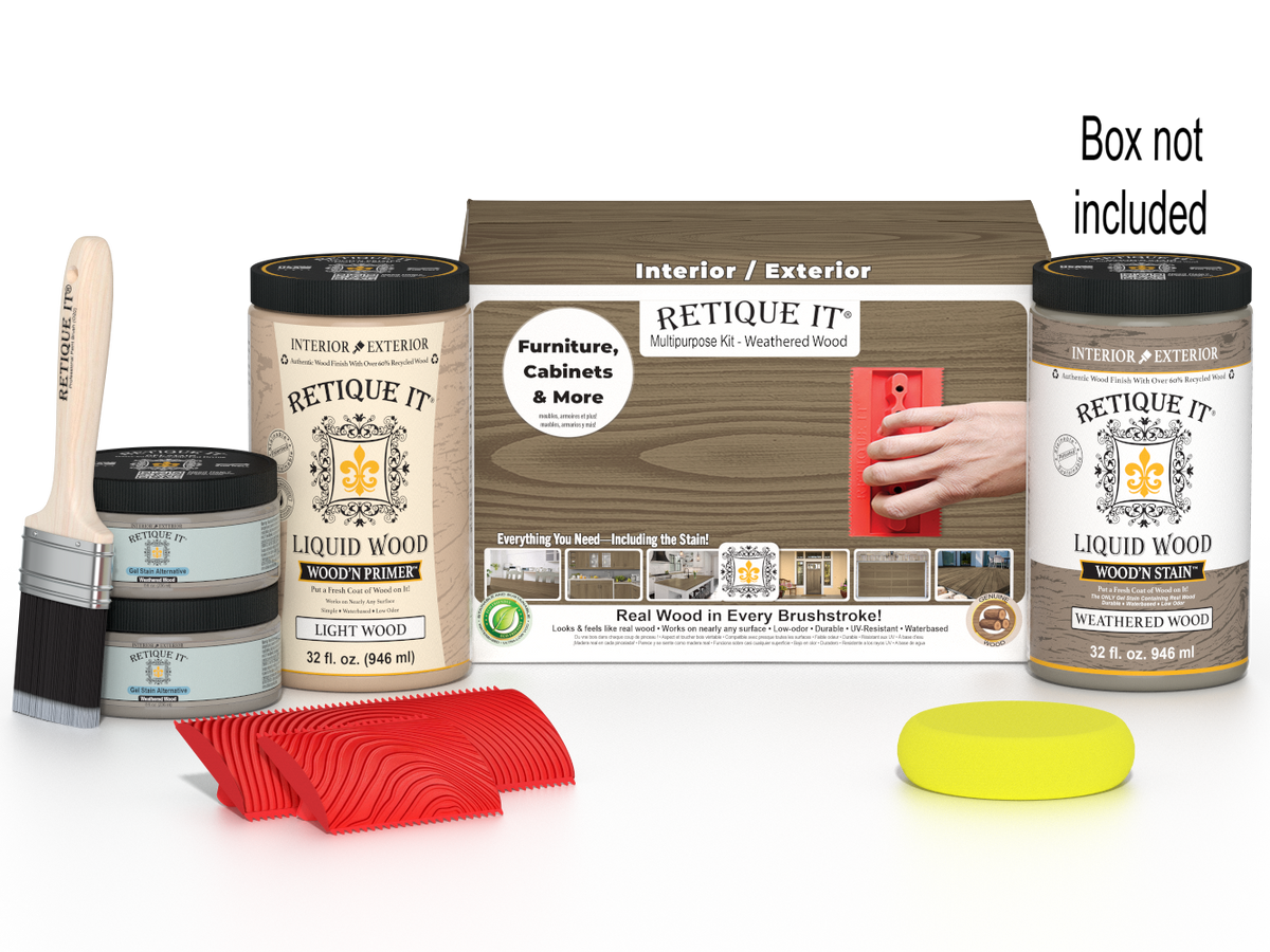 Large Weathered Wood Wood'n Finish Kit by Retique It® showing included weathered wood finish products in the box
