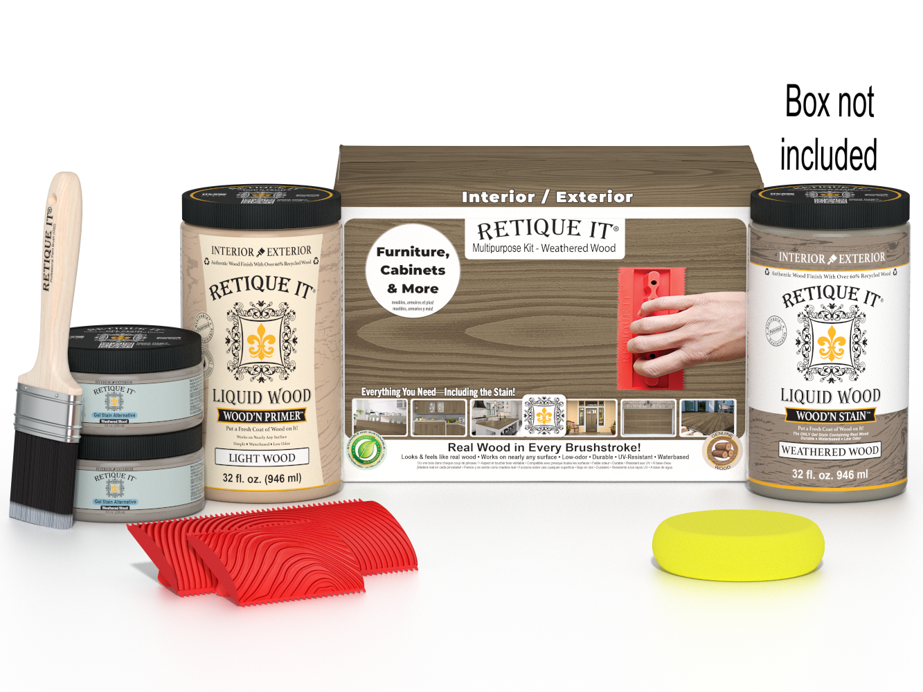 Large Weathered Wood Wood'n Finish Kit by Retique It® showing included weathered wood finish products in the box