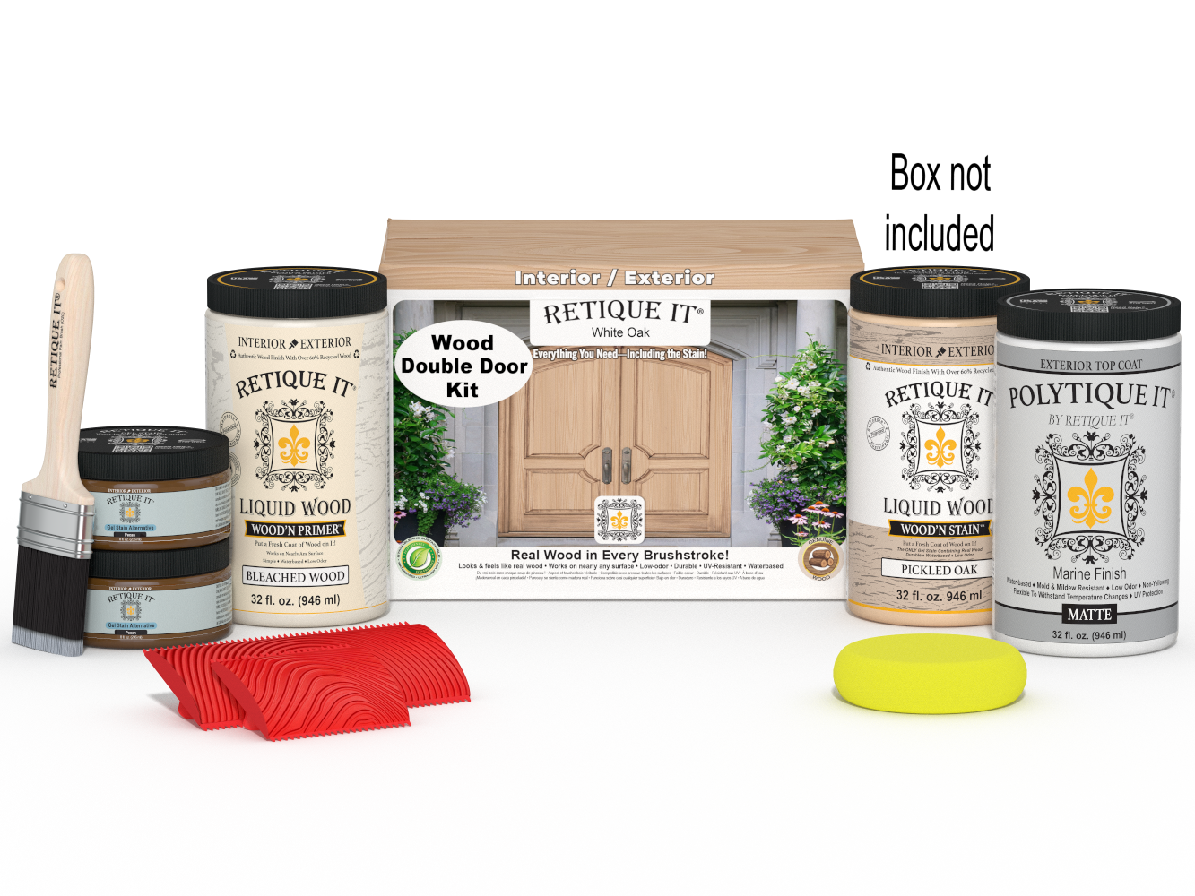 Retique It® Wood'n Finish front door kit in white oak stain, double door with wood grain and finishing details.