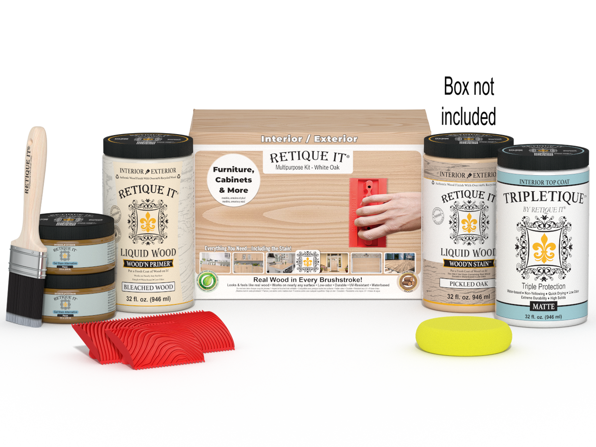 Large White Oak Wood'n Finish Kit by Retique It® with interior top coat and applicator brush in a white box.