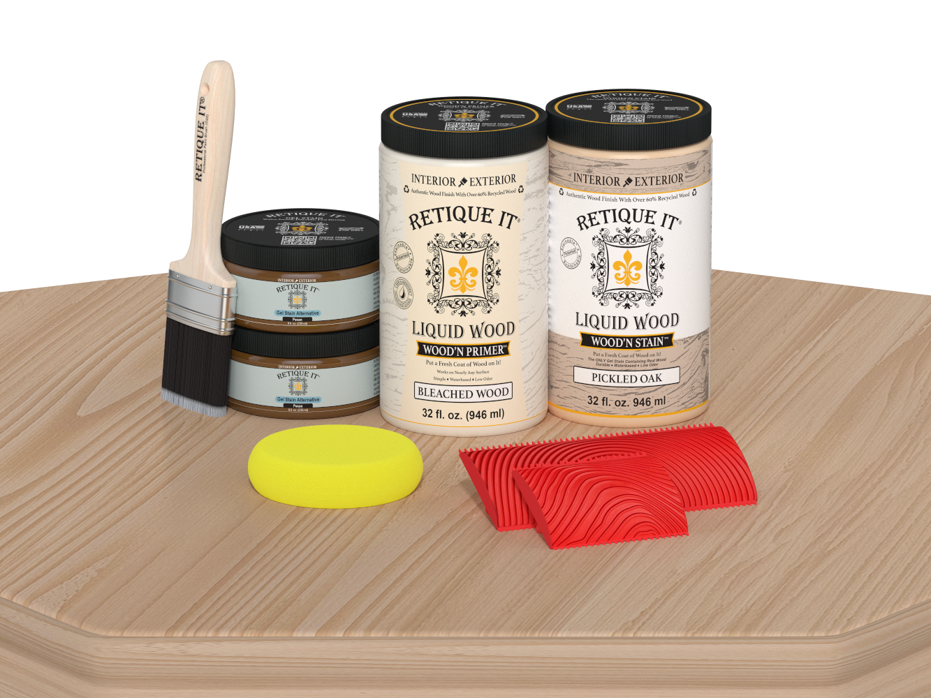 Retique It® Wood'n Cabinet Kit with 12 white oak grained door stains, displayed on a table, showcasing natural wood grain finish.