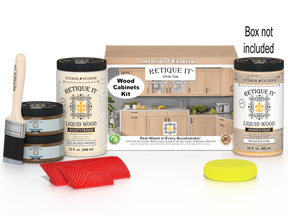 Retique It® Wood'n Cabinet Kit with 12 white oak grained stain doors and matching box cabinets for kitchen or bathroom renovation.