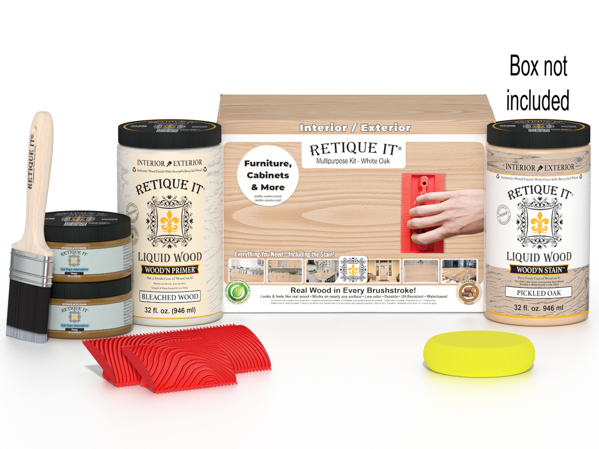 Large White Oak Wood'n Finish Kit by Retique It® with various tools and supplies for wood finishing projects.
