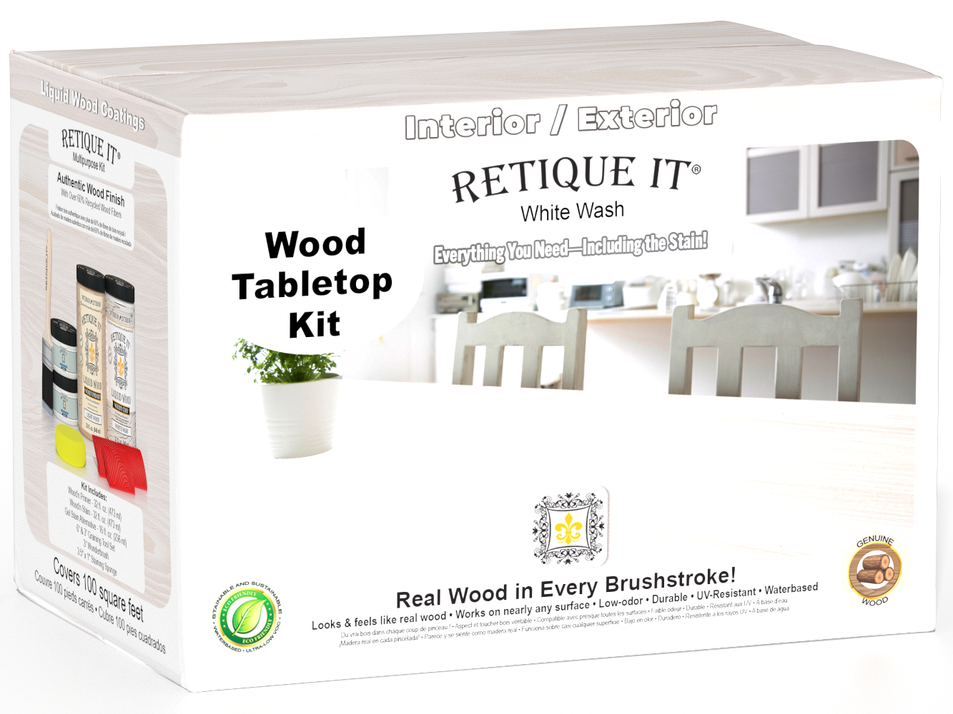 Retique It® Wood'n Finish Kit with four large white wash stain bottles for tabletop wood finishing and restoration.