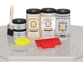 Large White Wash Wood'n Finish Kit by Retique It® with glossy exterior top coat displayed on a table.