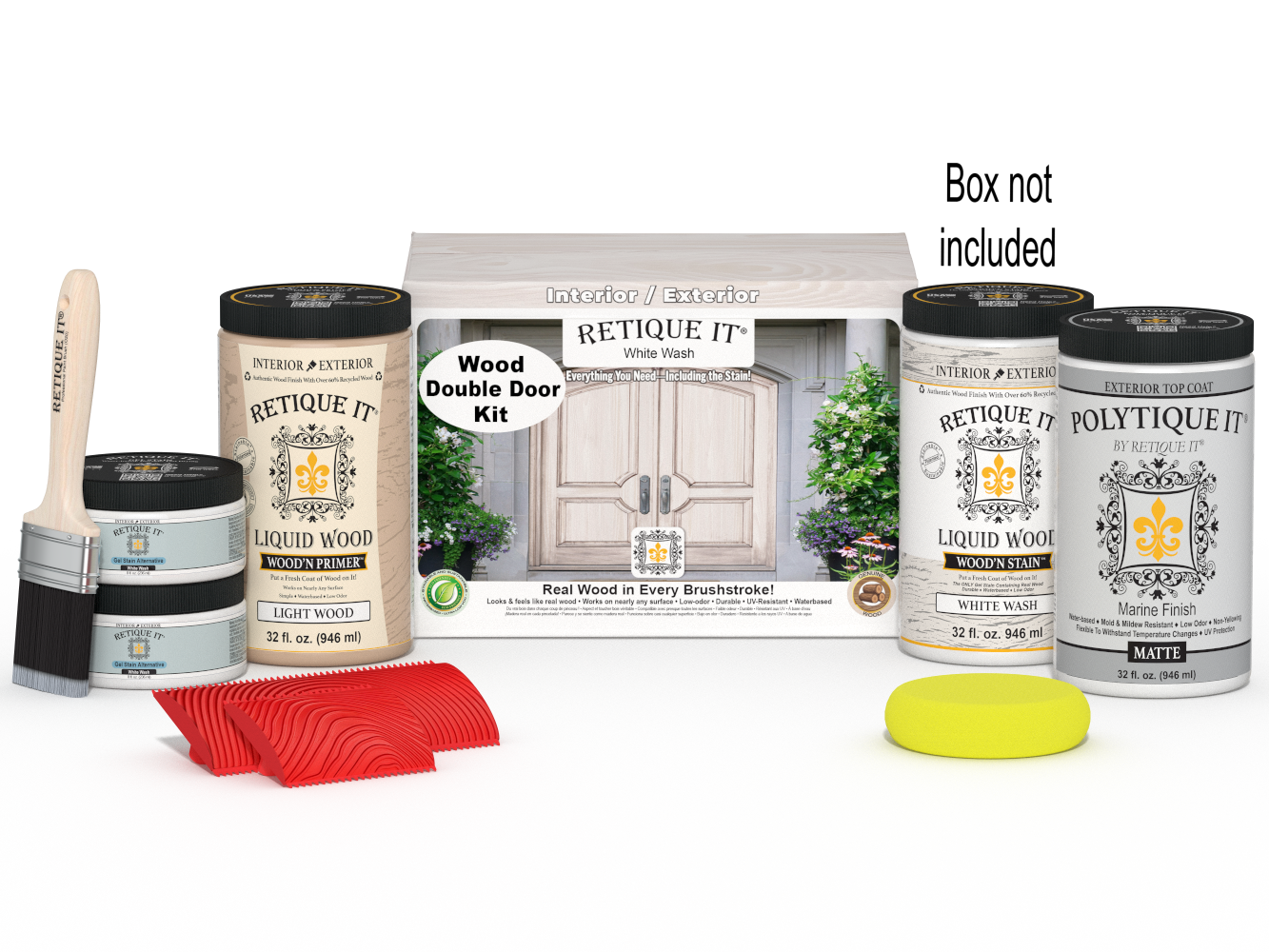 Retique It® Wood'n Finish front door kit in white wash stain, showing a double front door with stained wood finish.