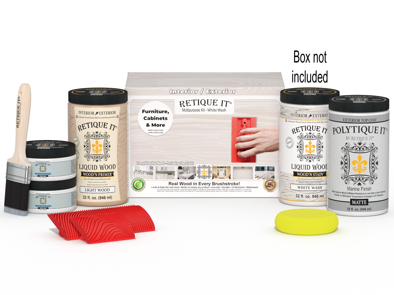 Large White Wash Wood’n Finish Kit by Retique It® with exterior top coat and applicator palette in a box.