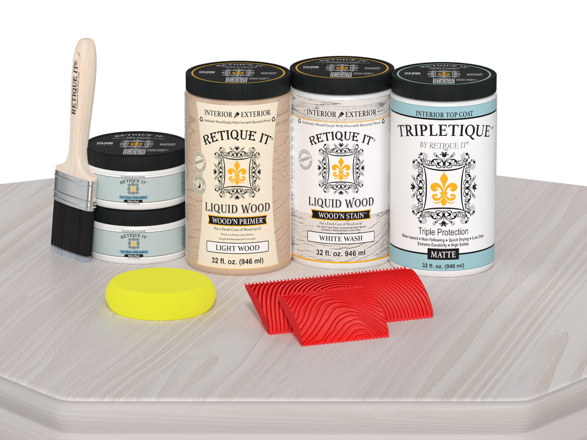 Retique It® Wood'n Finish Kit with four large white wash stain bottles, matte finish for tabletop furniture projects.