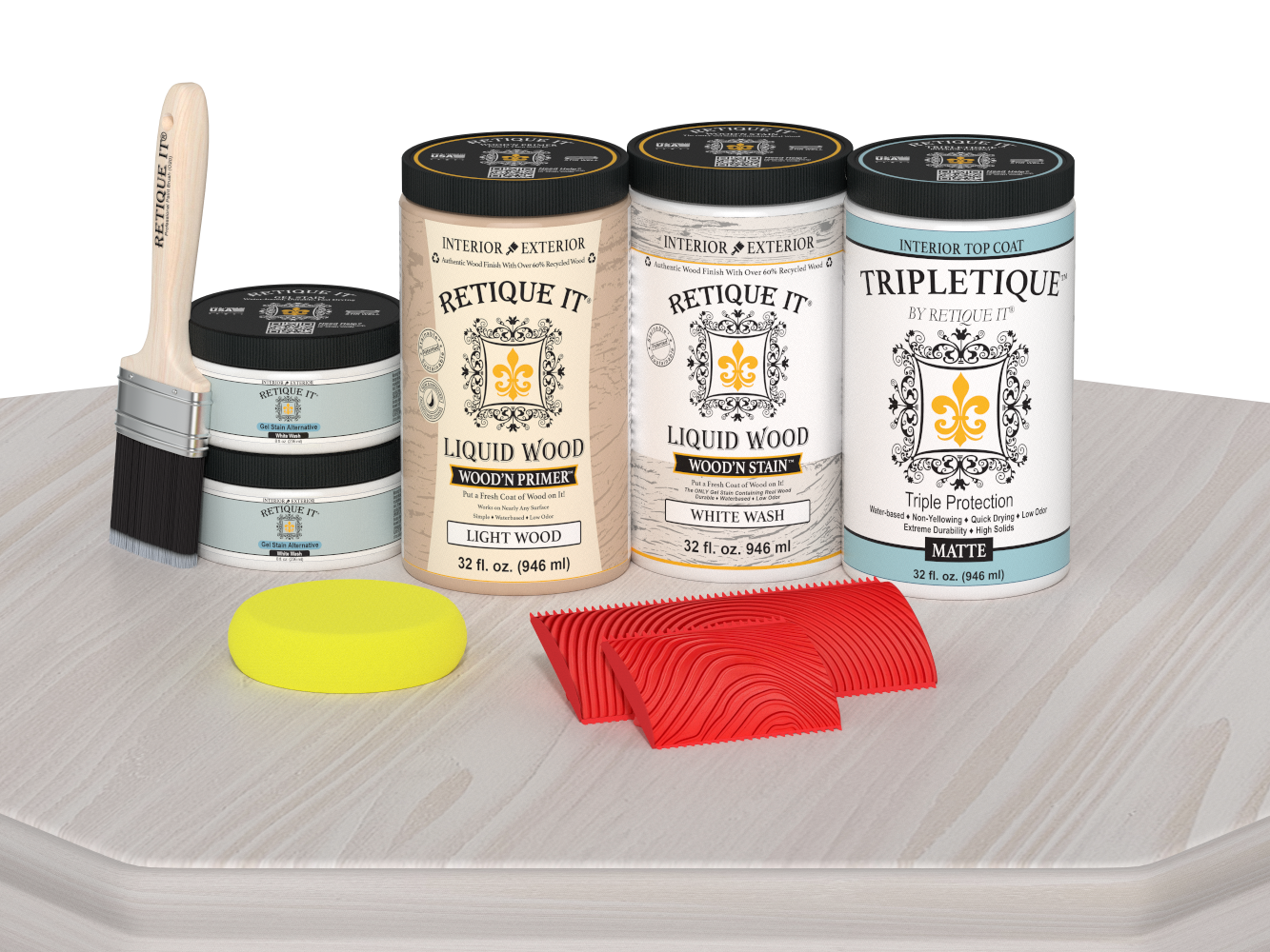 Retique It® Wood'n Finish Kit with four large white wash stain bottles, matte finish for tabletop furniture projects.