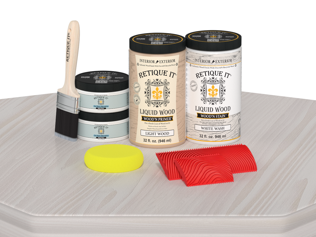 Large White Wash Wood'n Finish Kit by Retique It® on table, featuring wood finishing tools and supplies in a multi-purpose kit.