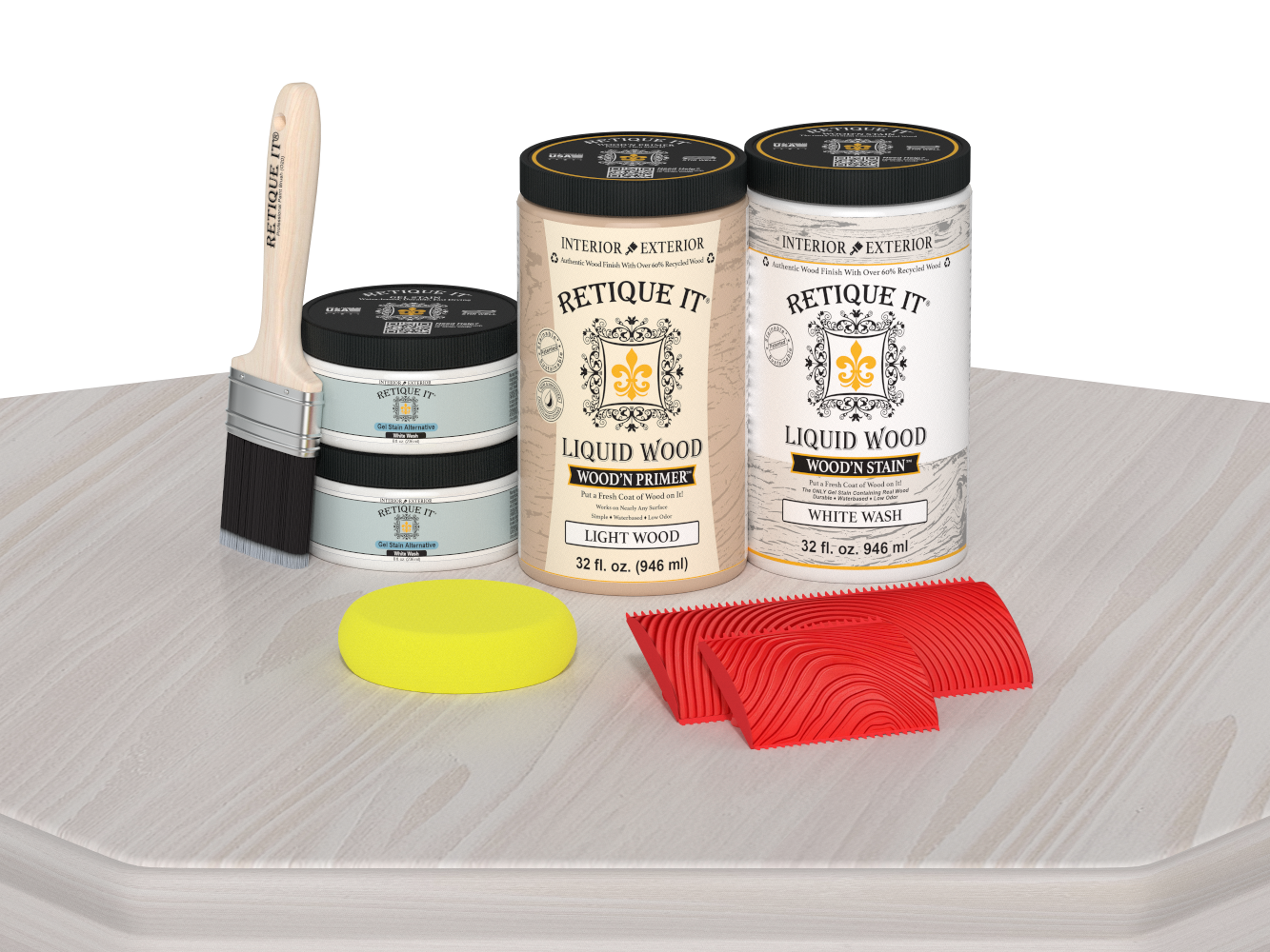 Retique It® Wood'n Cabinet Kit with 12 white wash grained door stains, displayed on a table showing wood grain detail.