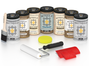 Retique It Barn Wood Kit with Liquid Wood, Barn Wood Gel Stain Alternative, Politique It Satin Finish, yellow sponge, red graining tool, roller, and brush.