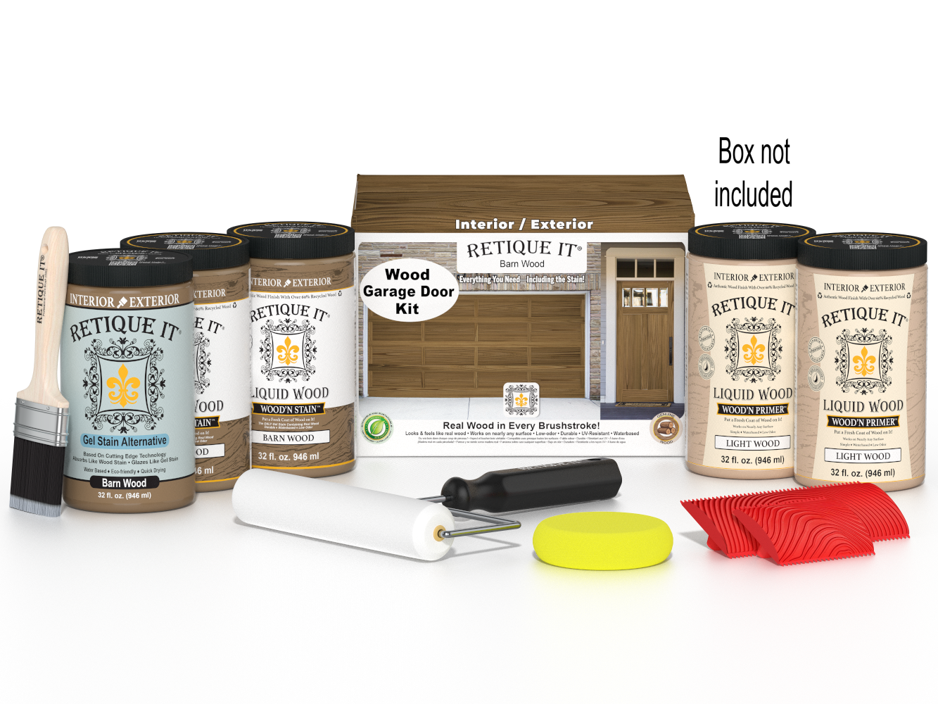 Retique It Barn Wood Wood Garage Door Kit with Liquid Wood, Barn Wood Gel Stain Alternative, yellow sponge, red graining tool, roller, brush, and kit box.