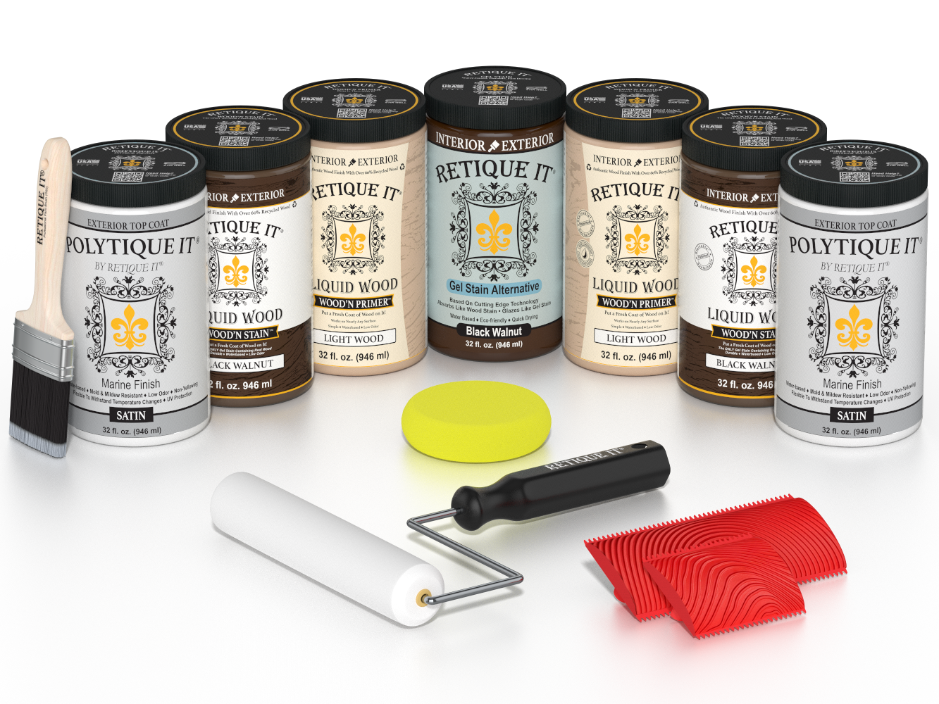 Retique It Black Walnut Kit with Liquid Wood, Black Walnut Gel Stain Alternative, Politique It Satin Finish, yellow sponge, red graining tool, roller, and brush.