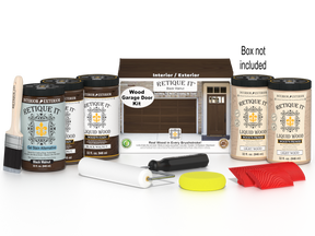 Retique It Black Walnut Wood Garage Door Kit with Liquid Wood, Black Walnut Gel Stain Alternative, yellow sponge, red graining tool, roller, brush, and kit box.