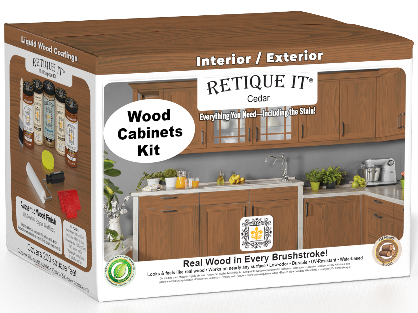 Retique It® Wood'n Cabinet Kit with 24 cedar grained cabinet doors, showcasing stained wood finish for home cabinetry.
