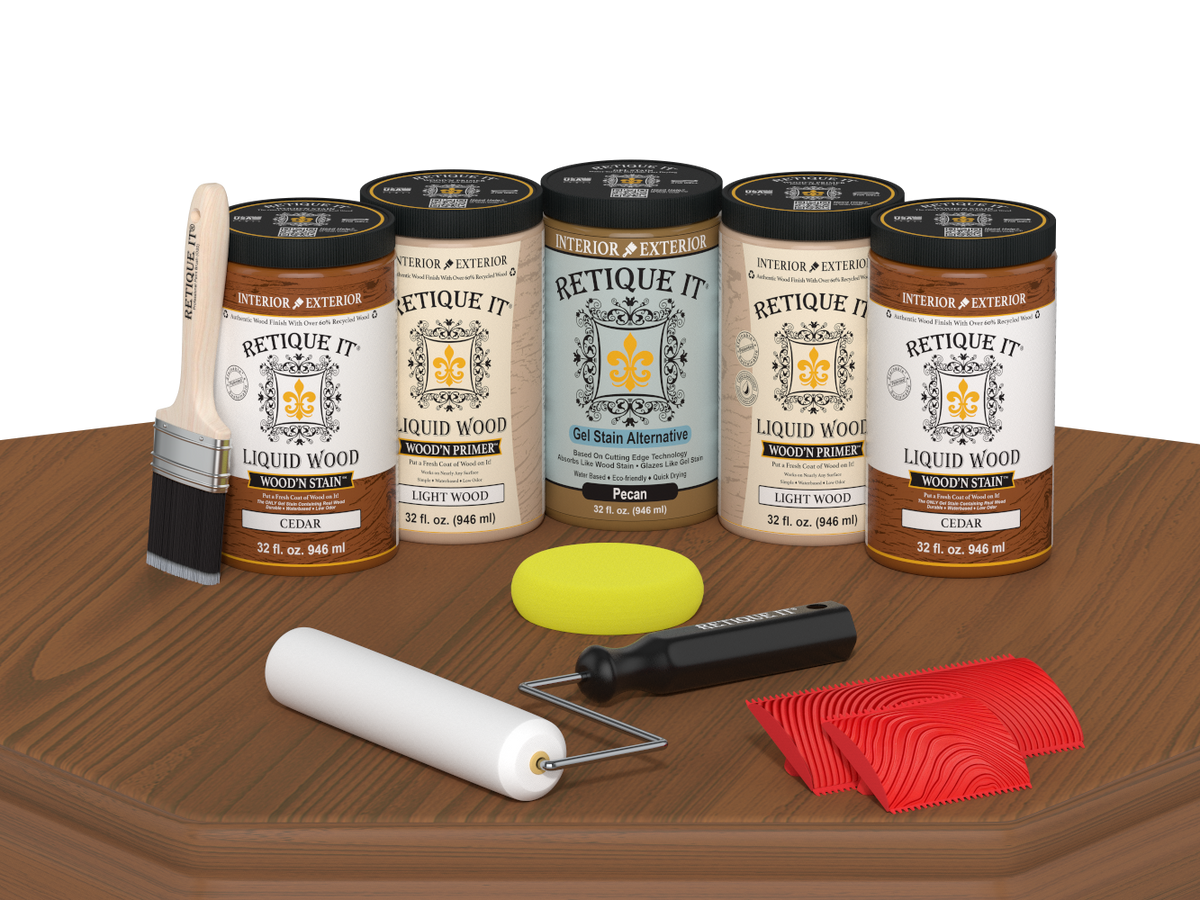 Retique It® Wood'n Cabinet Kit with 24 cedar-grained stain doors displayed on a table for kitchen cabinet renovation.
