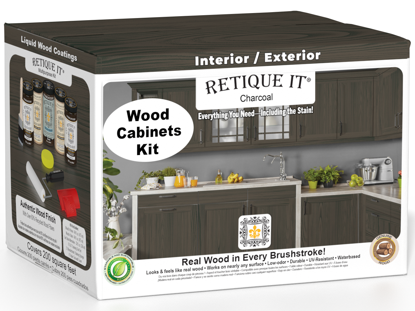 Retique It® Wood'n Cabinet Kit with 24 grained charcoal stain, featuring cabinet doors and detailed wood grain texture.