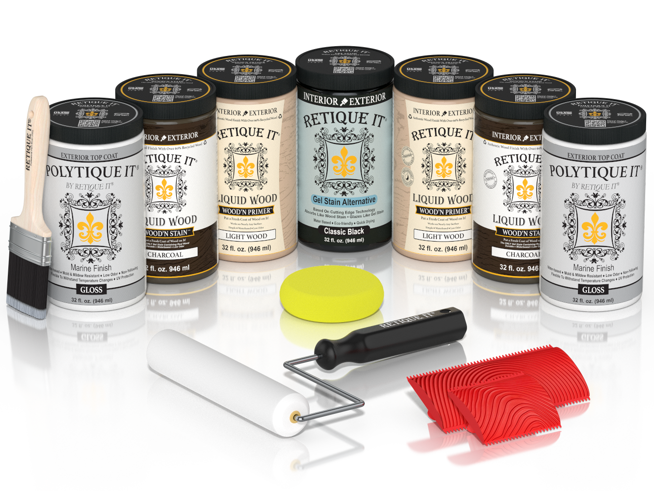 Retique It Charcoal refinishing kit with Light Wood primer, Classic Black gel stain alternative, gloss Polytique It topcoat, a brush, roller, sponge and graining tools.