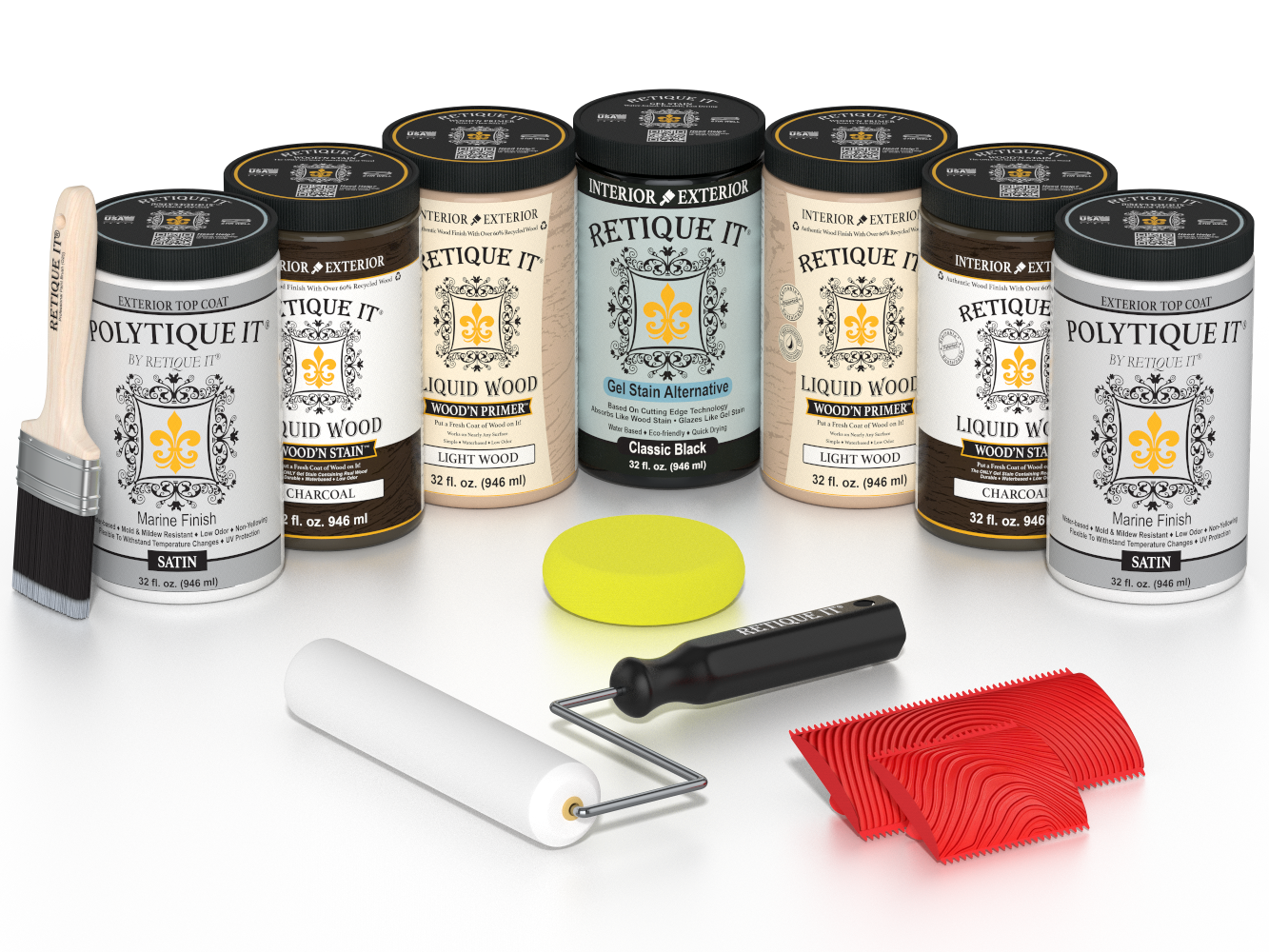 Retique It Charcoal refinishing kit with Light Wood primer, Classic Black gel stain alternative, satin Polytique It topcoat, a brush, roller, sponge and graining tools.