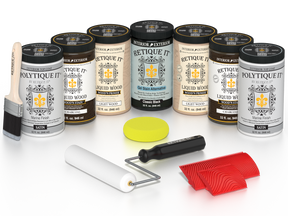 Retique It Charcoal refinishing kit with Light Wood primer, Classic Black gel stain alternative, satin Polytique It topcoat, a brush, roller, sponge and graining tools.