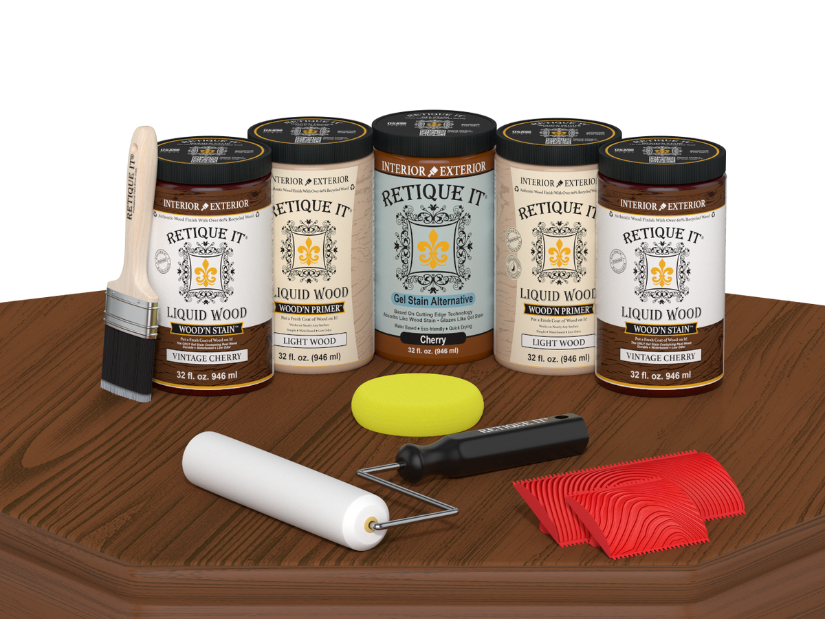 Retique It® Wood'n Cabinet Kit with vintage cherry stain, 24 grained cabinet doors, showcasing wood grain details on a table.