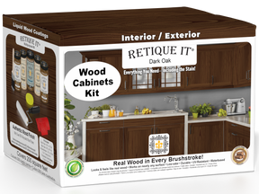 Retique It® Wood'n Cabinet Kit in Dark Oak stain, featuring 24 grained cabinet doors with a wood grain finish.