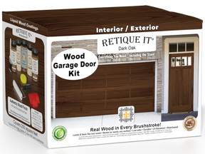 Retique It Dark Oak Wood Garage Door Kit box featuring garage door and entry door wood finish transformation.