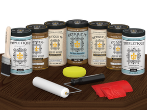Dark oak Wood'n Cabinet Kit with 24 grained doors, Retique It® stain finish, displayed on a table.