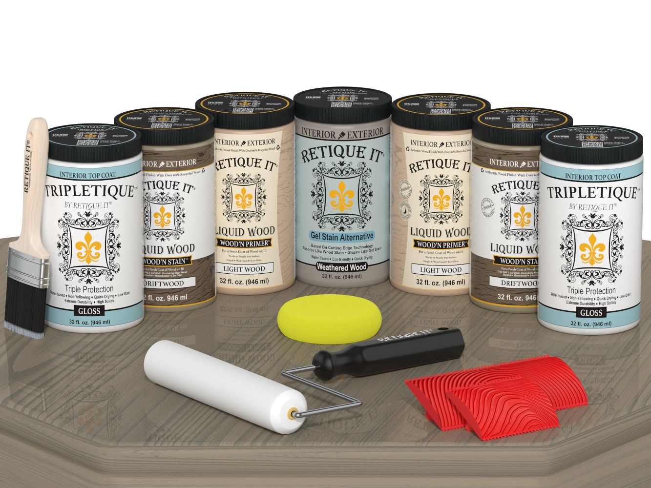 Retique It® Wood'n Cabinet Kit with drift wood stain, 24 grained cabinet doors, glossy finish, displayed on a table.