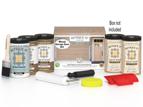 Retique It French Oak Wood Garage Door Kit with Liquid Wood, White Wash Gel Stain Alternative, yellow sponge, red graining tool, roller, brush, and kit box.