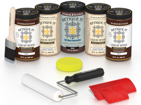Retique It Java Wood'n Kit featuring Java Liquid Wood stain, Light Wood primer, Java Gel Stain Alternative, paint brush, white roller, yellow sponge, and red graining tools.