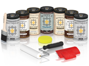 Retique It Java Wood'n Kit with Gloss PolyTique It top coat, featuring Java Liquid Wood stain, Light Wood primer, Java Gel Stain Alternative, paint brush, white roller, yellow sponge, and red graining tools.