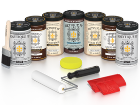 Retique It Java Wood'n Kit with Matte PolyTique It top coat, featuring Java Liquid Wood stain, Light Wood primer, Java Gel Stain Alternative, paint brush, white roller, yellow sponge, and red graining tools.