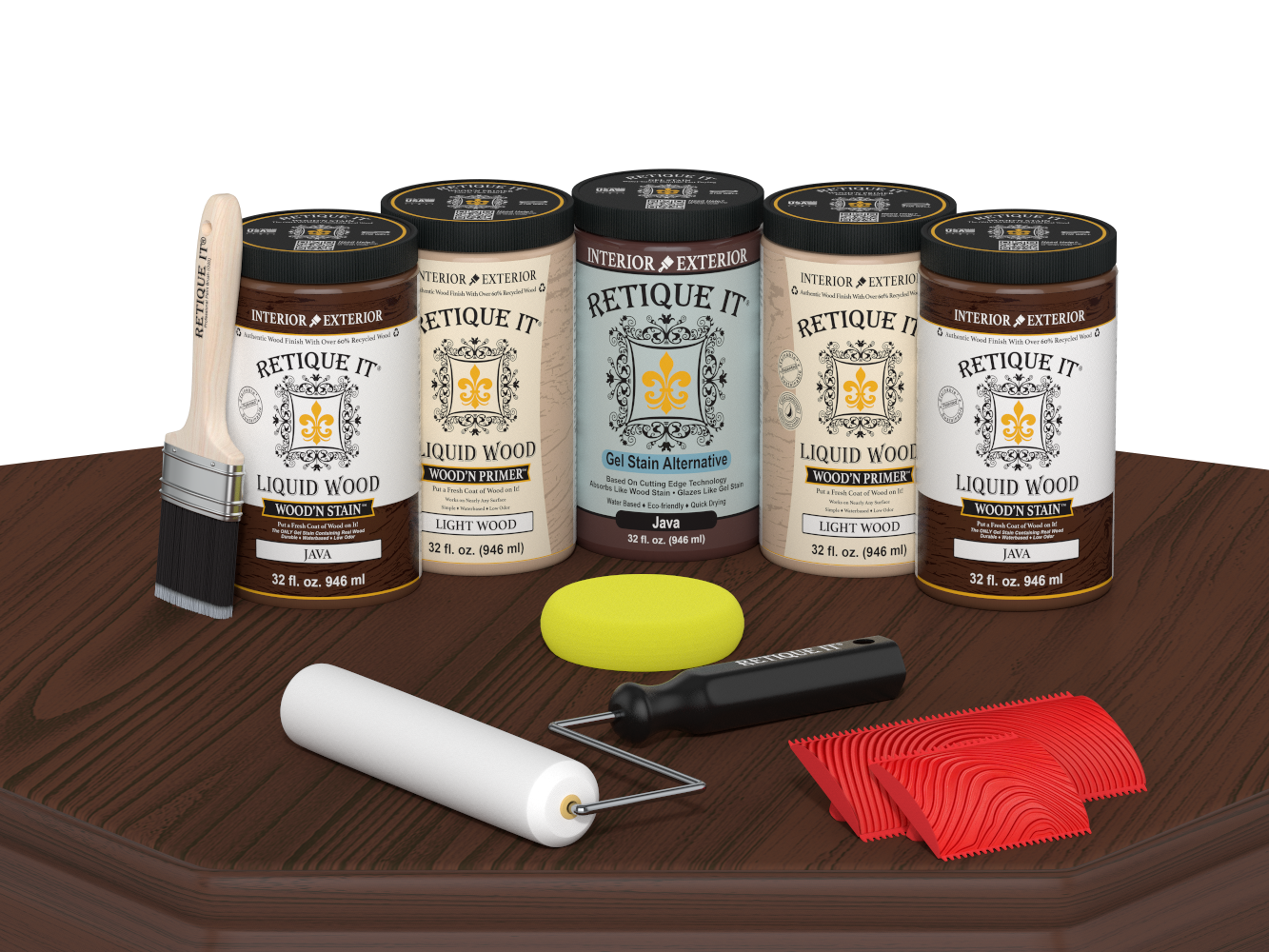 Retique It Java Wood'n Kit featuring Java Liquid Wood stain, Light Wood primer, Java Gel Stain Alternative, paint brush, white roller, yellow sponge, and red graining tools displayed on a dark wood tabletop.