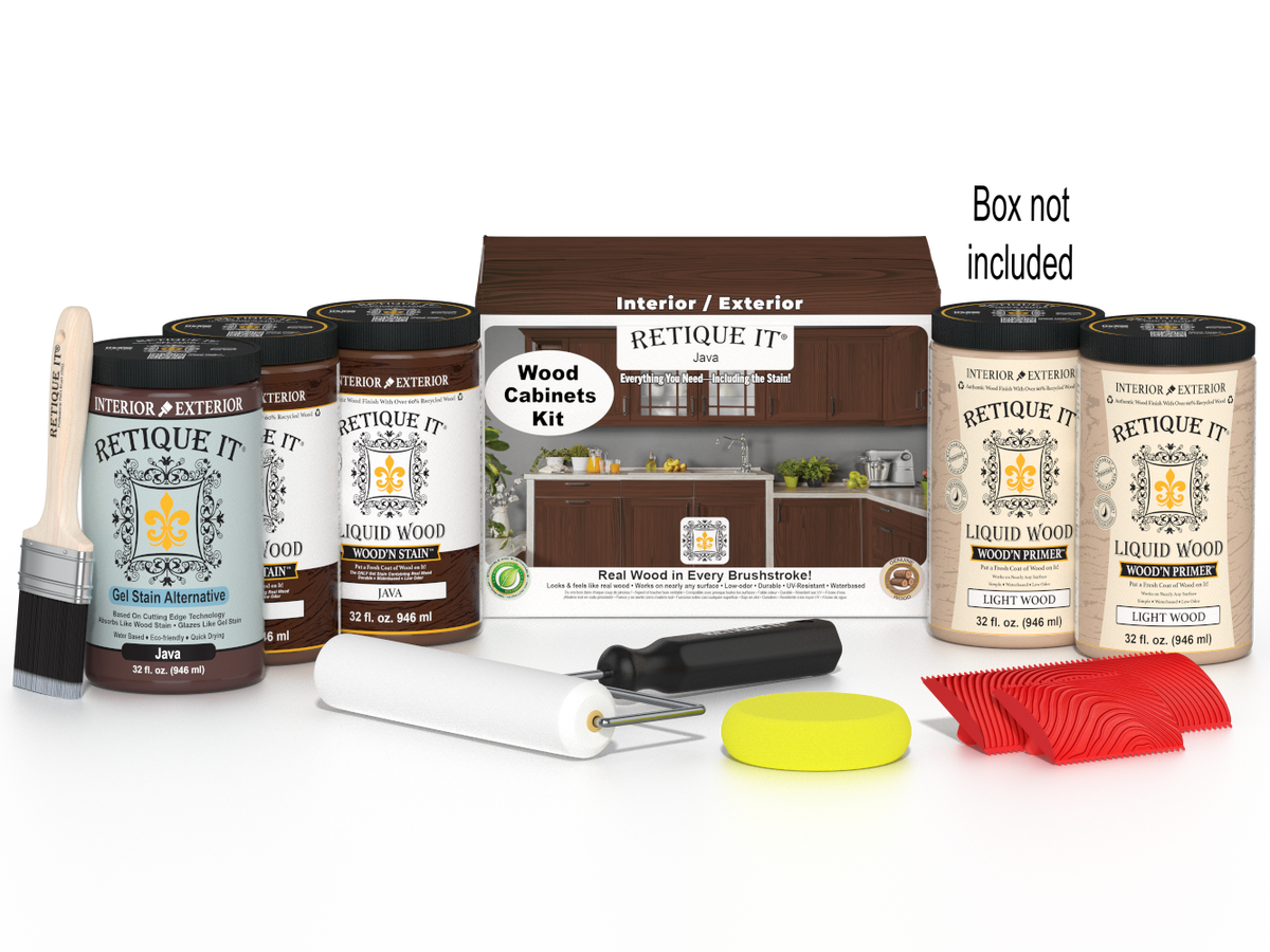 Retique It® Wood'n Cabinet Kit Java stain showing 24 grained cabinet doors and matching box with natural wood finish