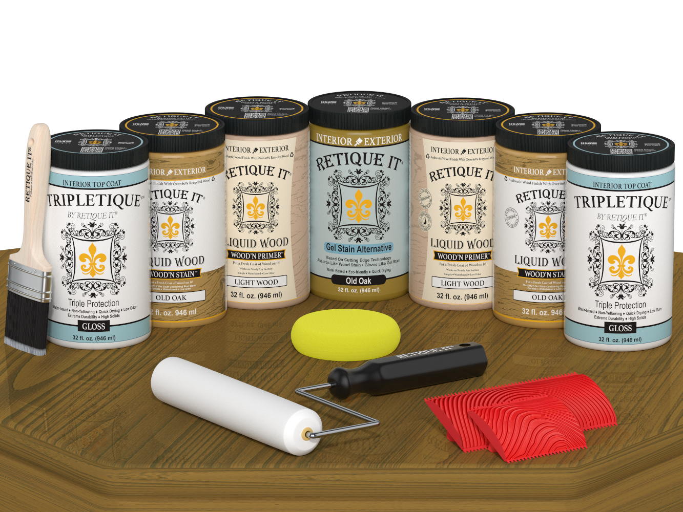 Retique It® Wood'n Cabinet Kit in Old Oak stain, showing glossy finish on a cabinet door with wood grain texture.