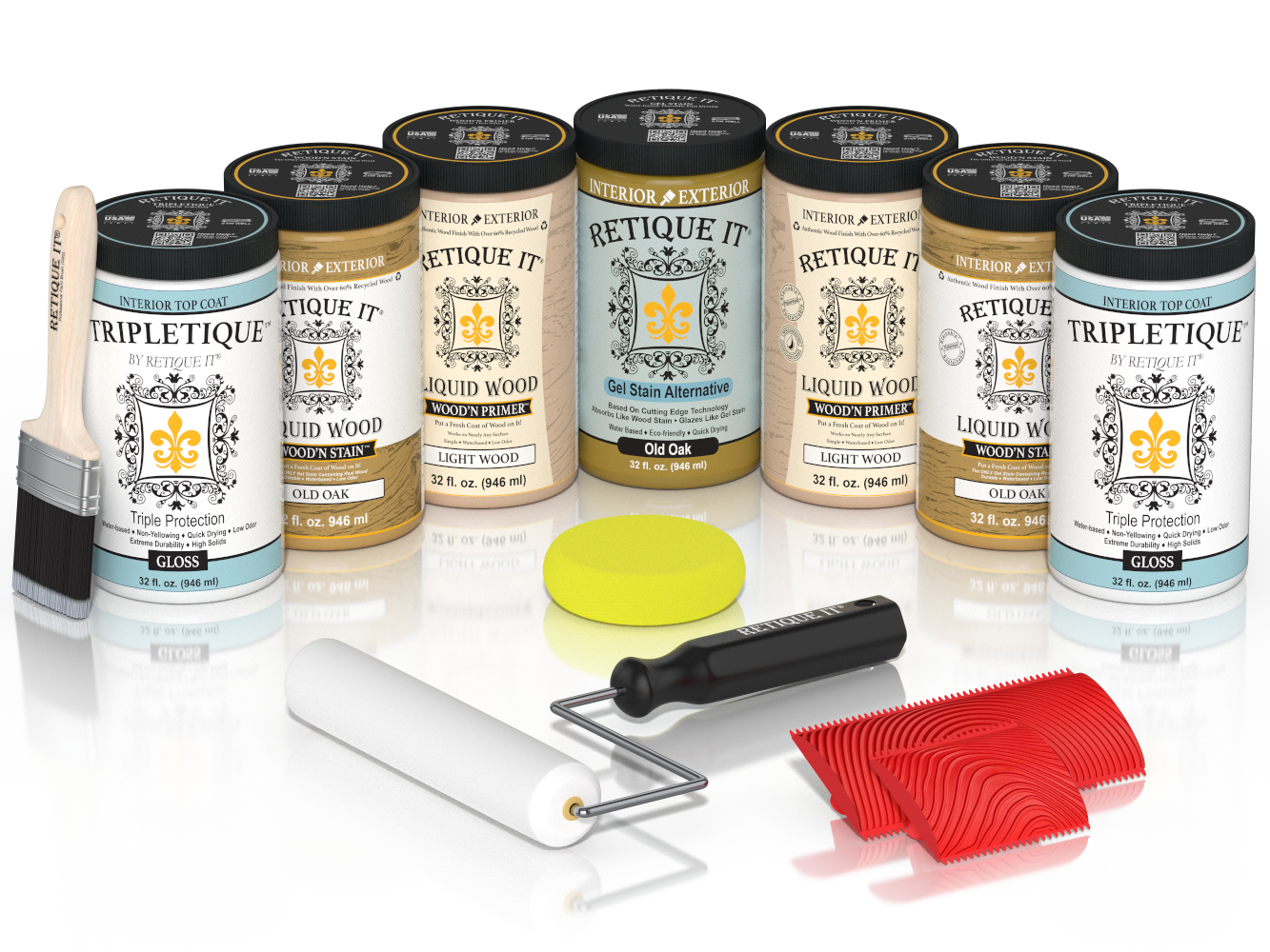 Retique It® Wood'n Cabinet Kit with 24 grained Old Oak stain, showcasing a glossy finish on cabinet doors with wood grain texture.