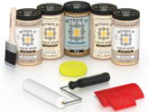Retique It Pickled Oak Kit with Liquid Wood, Pecan Gel Stain Alternative, yellow sponge, red graining tool, roller, and brush.