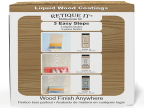 Large Pickled Oak Wood'n Finish Kit by Retique It® showing a box with wood stain and finishing supplies for multi-purpose wood projects.