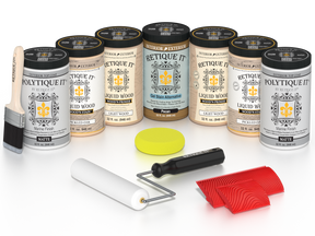 Retique It Pickled Oak Kit with Liquid Wood, Pecan Gel Stain Alternative, Politique It Matte Finish, yellow sponge, red graining tool, roller, and brush.