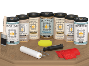 Pickled oak stained Wood'n Cabinet Kit with 24 doors, glossy finish, featuring natural wood grain for kitchen or furniture.